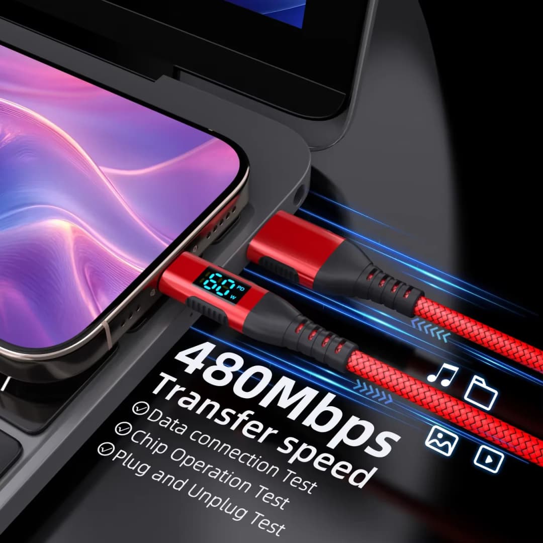 كابل عالي الجودة USB إلى Type C 60W سلك شحن سريع مع شاشة LED لهواتف Xiaomi وSamsung وأجهزة الكمبيوتر المحمولة كابل USB C بطول 1م و2م و3م - 3