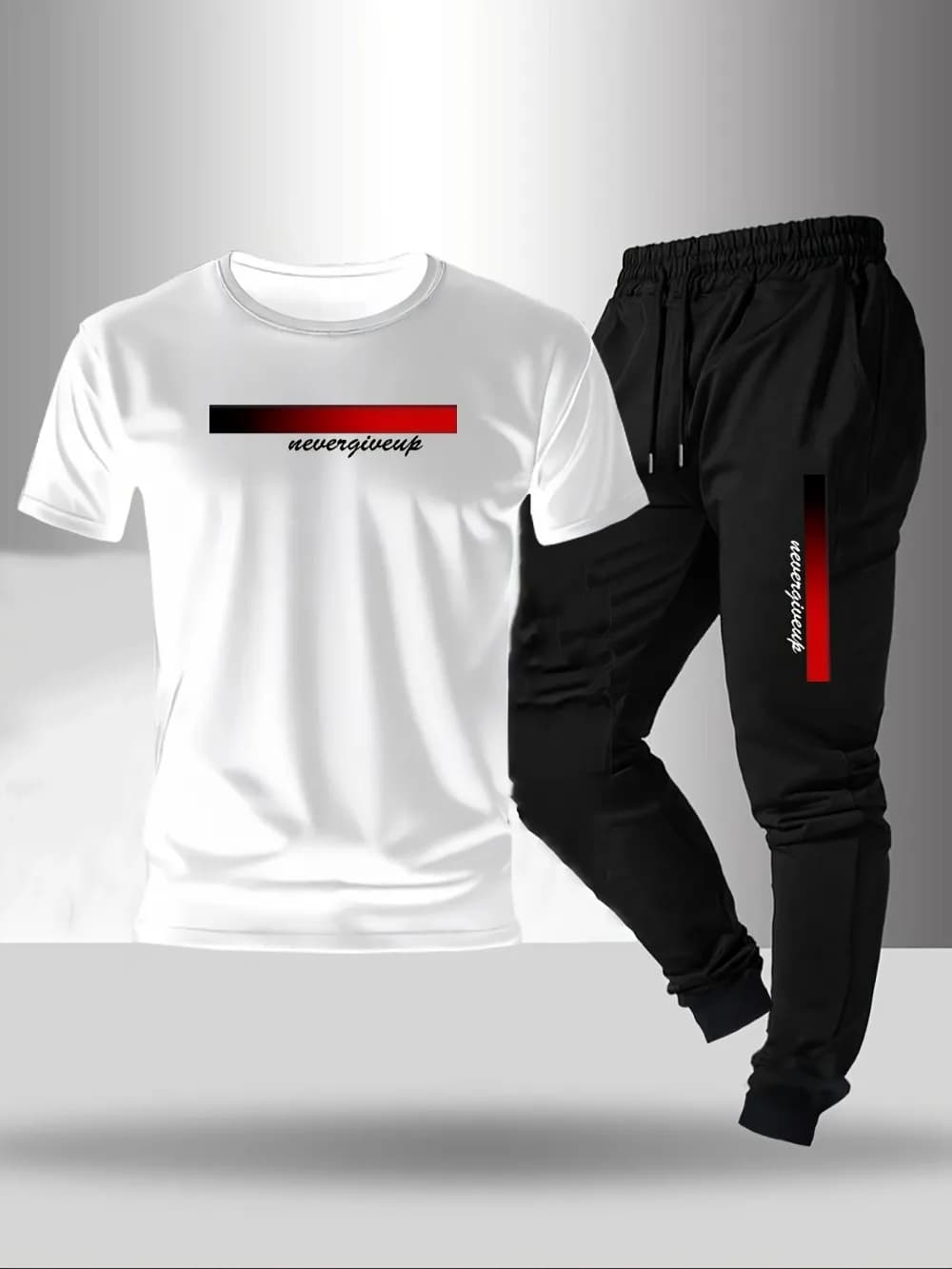 New men's fashionable letter gradient printed breathable T-shirt and drawstring pants set suitable for outdoor casual wear - 2