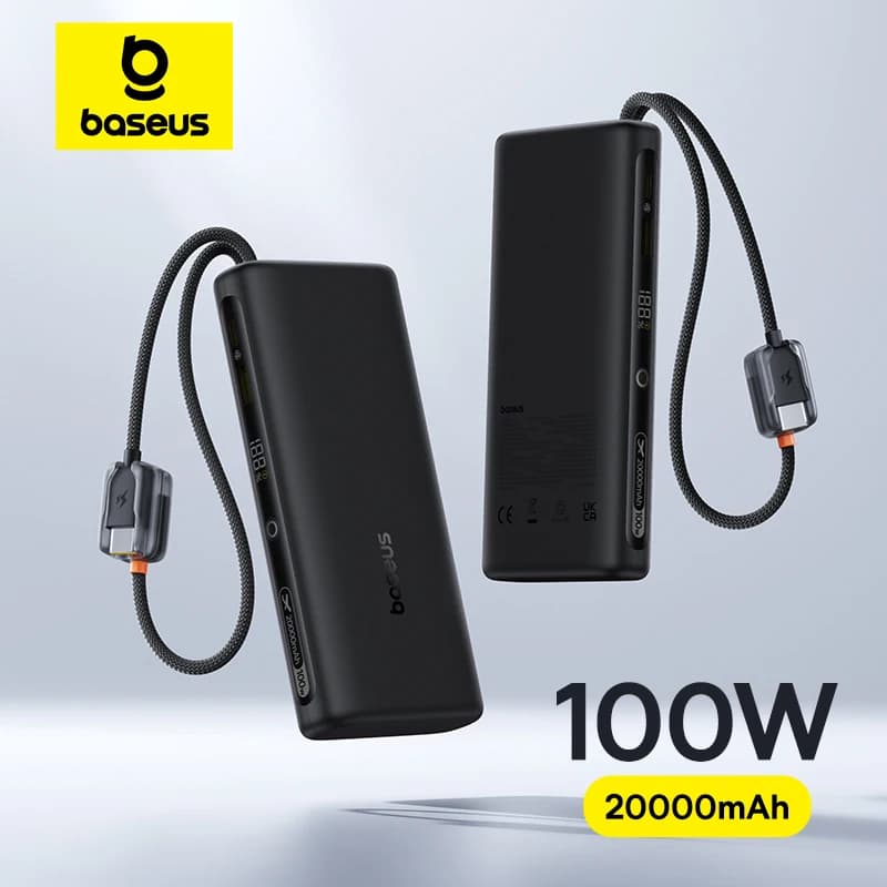 بنك طاقة من Baseus بسعة 20000 مللي أمبير وسعة 100 واط، مزود بكابل USB-C مزدوج مدمج للشحن السريع، وشاشة عرض رقمية، متوافق مع آيفون 17 برو ماكس وسامسونج