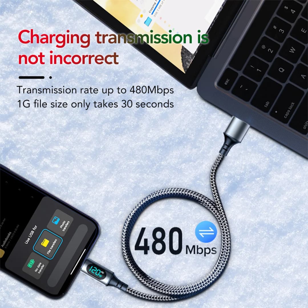 Ultra-Super Fast Charge Cable-6A 120W USB A To Type C Nylon Data Cord For Xiaomi Redmi Samsung With Led Digital Display Cable - 2