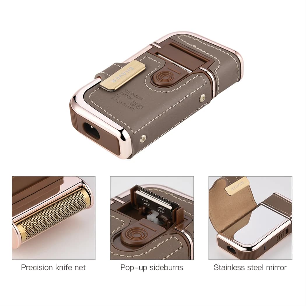 Professional Men's Shaver Cordless Beard Trimmer Rechargeable Razor Mini Leather Portable Electric Shaving Machine - 4