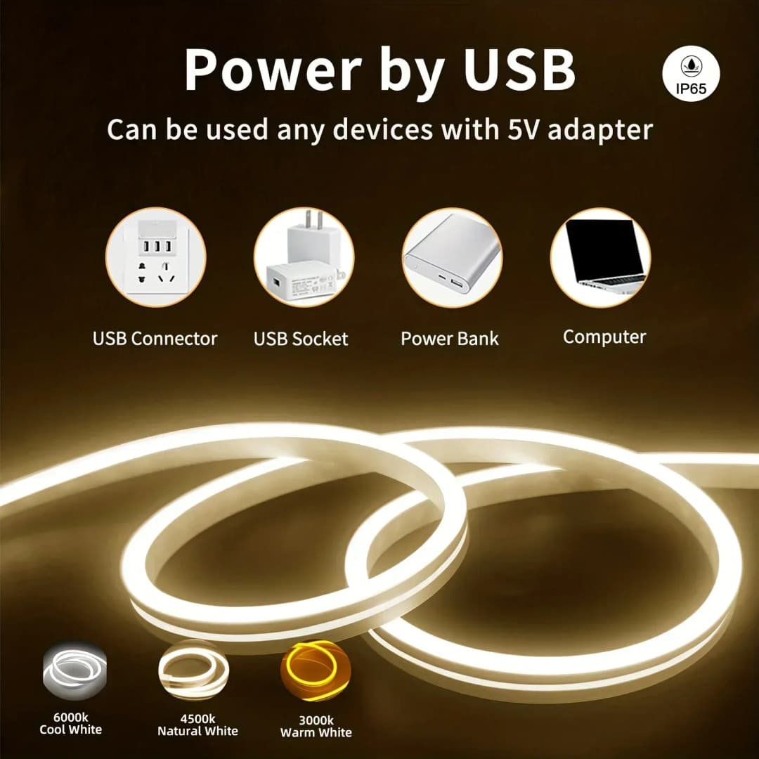 شريط إضاءة نيون LED 5V USB مع مستشعر ذكي للإيماءات قابل للتعتم والانحناء لتزيين إضاءة خلفية التلفزيون في الغرف - 2
