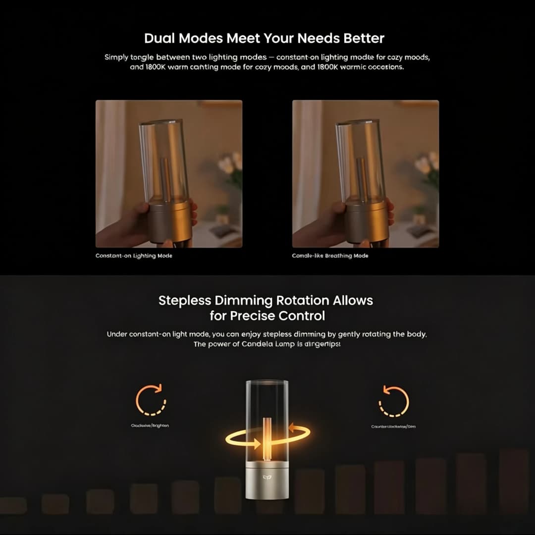 إضاءة شمعة Yeelight القابلة لإعادة الشحن، إضاءة محيطة LED، إضاءة ليلية دافئة 1800K، خافتة دوارة بلا درجات، شحن Type C - 4