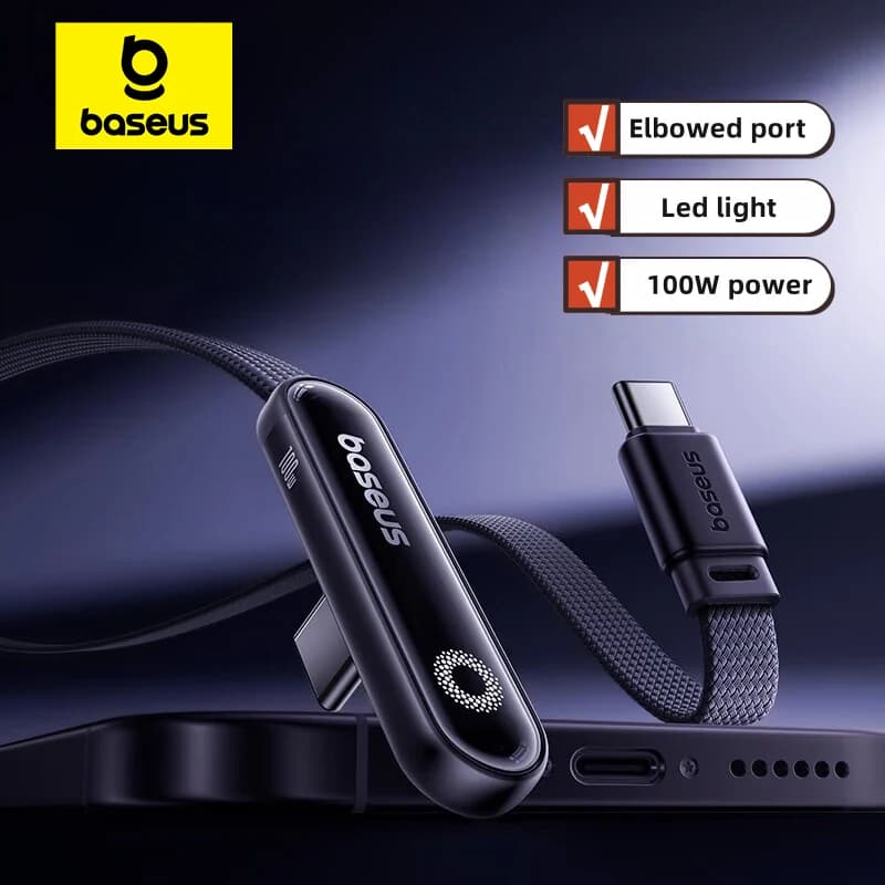كابل Baseus MVP3 معقوف 100W USB C لـ iPhone 16 15 Pro Max كابل نوع C مع ضوء LED لـ Macbook pro Xiaomi Samsung
