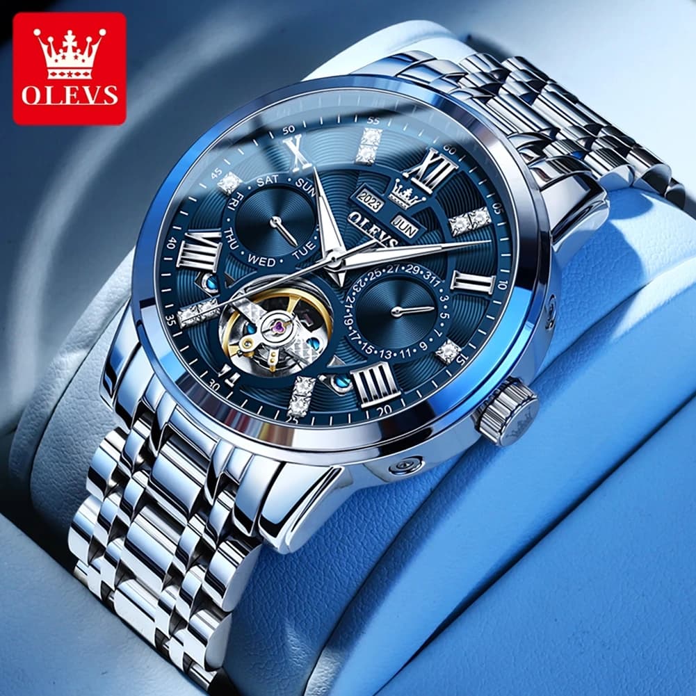 OLEVS Men's Watches Skeketon Flywheel Automatic Mechanical Original Wristwatch for Man Waterproof Luminous Perpetual Calendar - 2