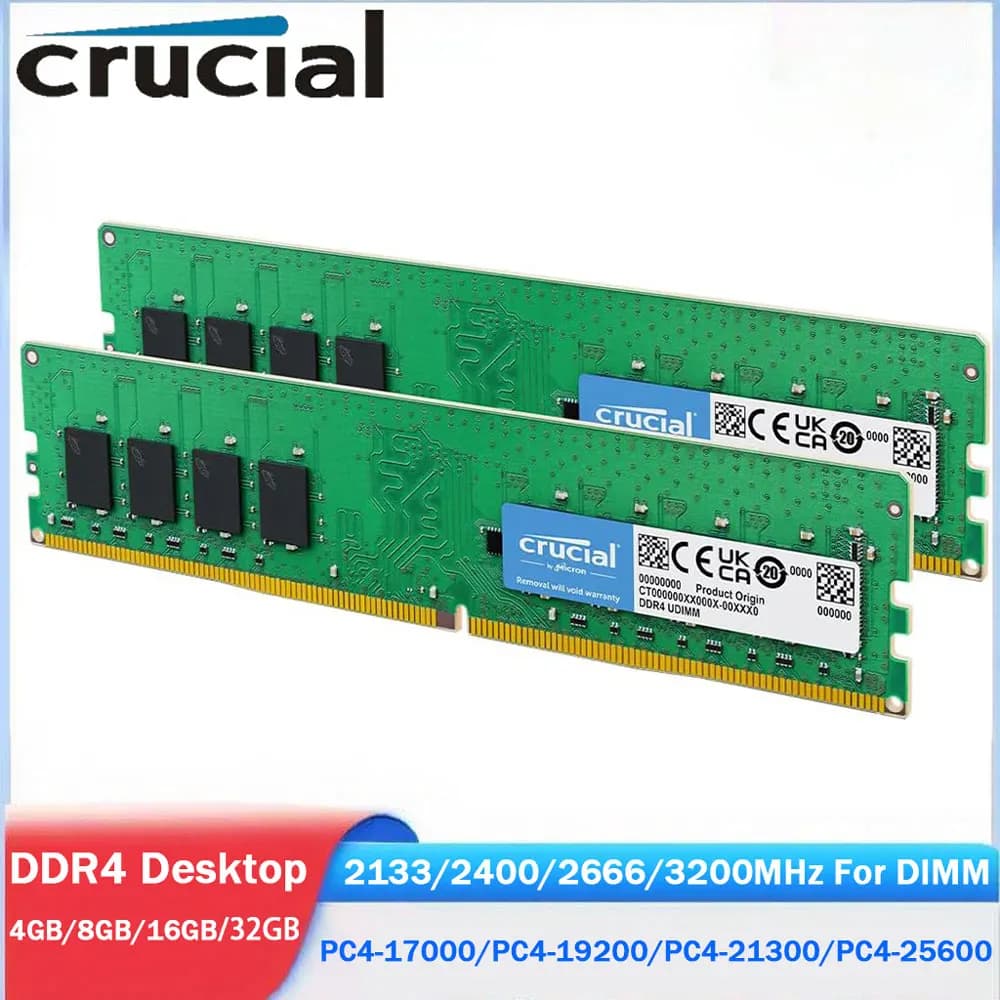 ذاكرة رام Crucial DIMM بسعة 4 جيجابايت و8 جيجابايت و16 جيجابايت و32 جيجابايت، ذاكرة سطح مكتب DDR4 بتردد 2666 و2133 و2400 و3200 ميجاهرتز، PC4-25600 و21300 و19200 و1700، 288 دبوس، 1.2 فولت