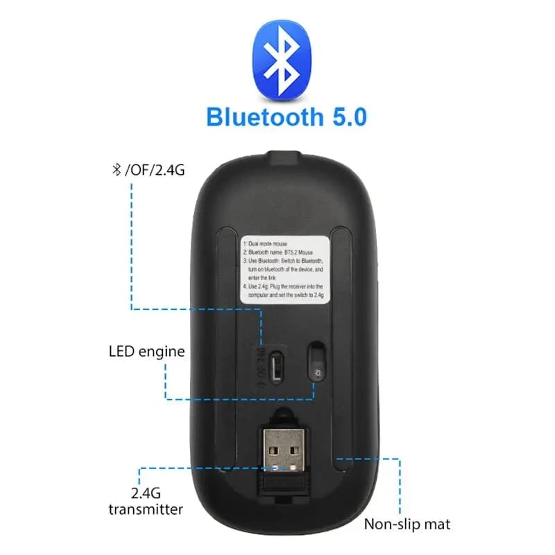 ماوس لاسلكي RGB قابل لإعادة الشحن مع بلوتوث، إضاءة LED خلفية، مريح لألعاب الكمبيوتر المحمول، 3600 نقطة في البوصة - 6