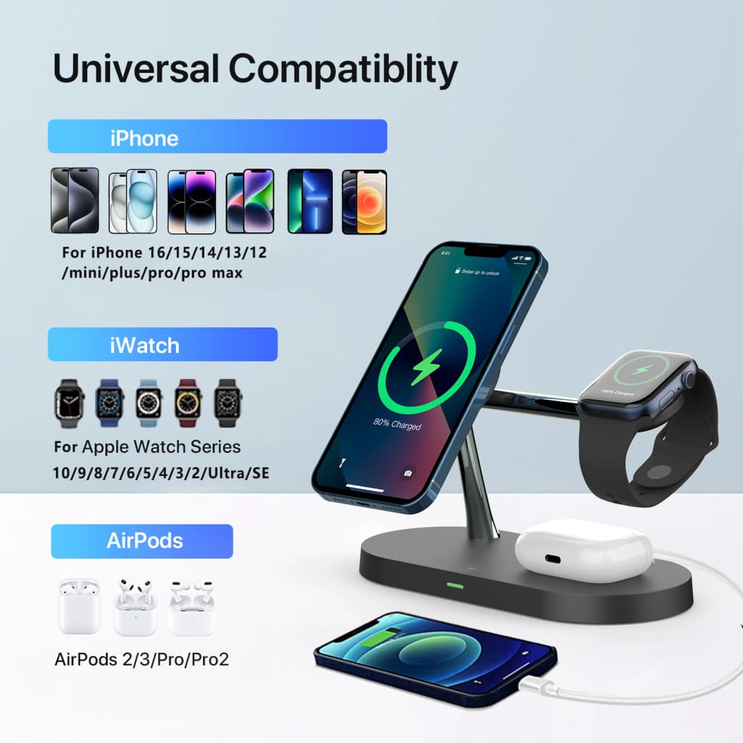 حامل شاحن لاسلكي 3 في 1 لهاتف iPhone 12/13/14/15/16/17 محطة شحن سريعة لساعة Apple 10 9 8 7 6 5 4 Airpods 2 3 Pro - 3