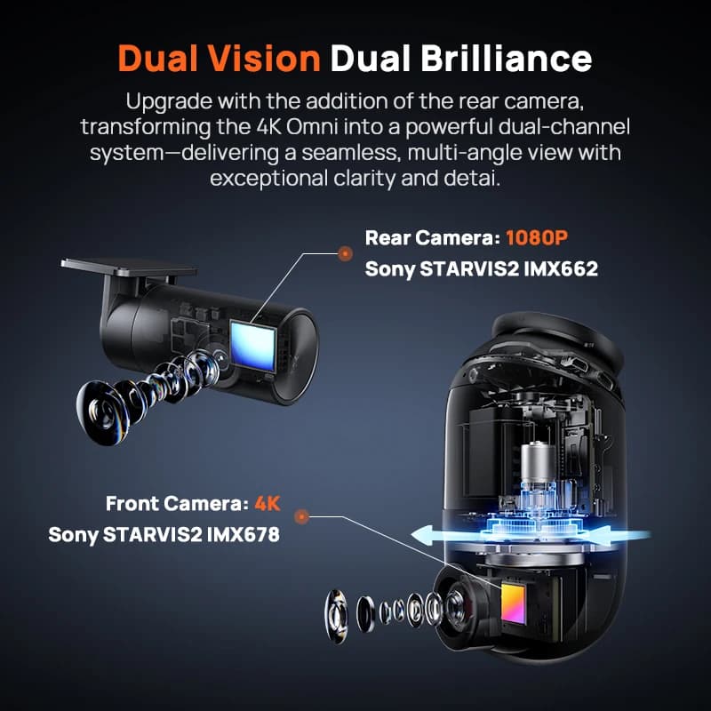 كاميرا 70mai Dash Cam 4K Omni X800 بدقة 4K ودوران 360 درجة وقناتين HDR ودعم 4G ومكثف فائق التوافق - 2