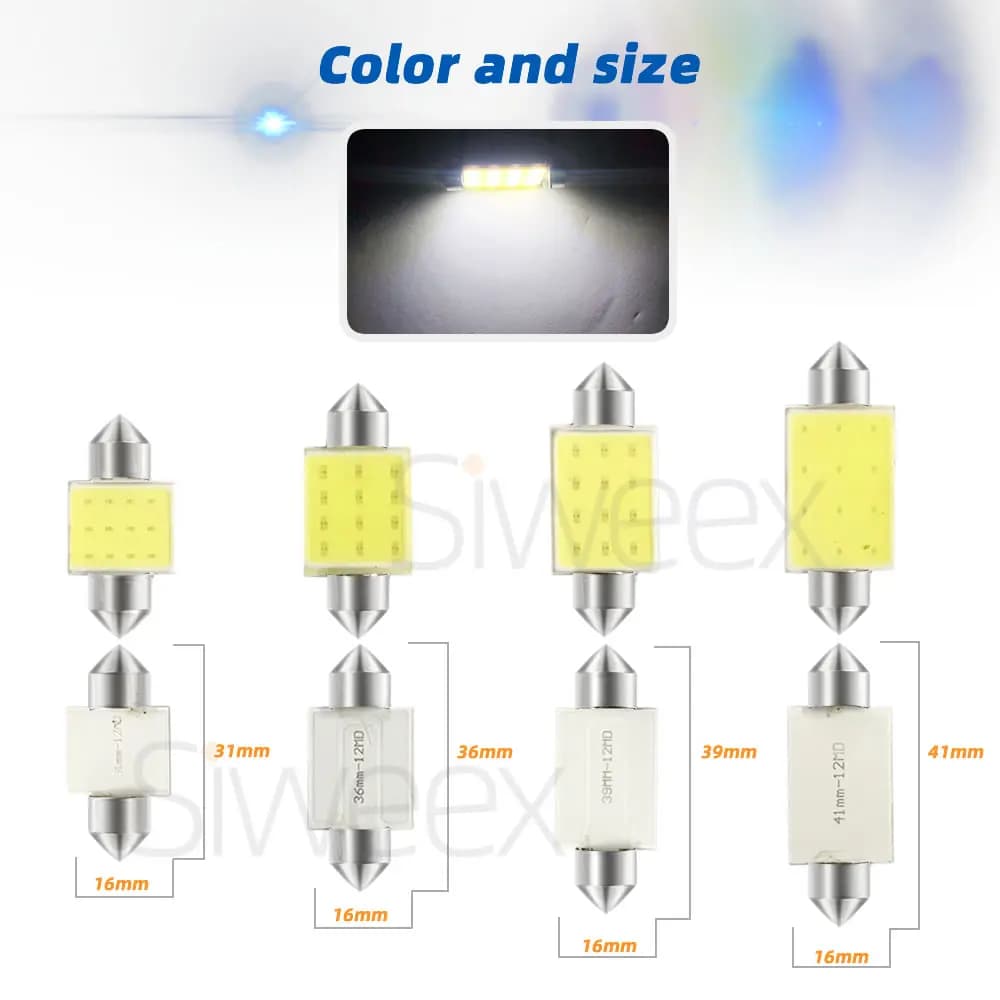 مصابيح LED COB للسيارة مقاس 31mm 36mm 39mm 41mm/42mm، إضاءة قبة Festoon، مصابيح داخلية للقراءة ولوحة الترخيص، أبيض وأزرق DC 12V - 4