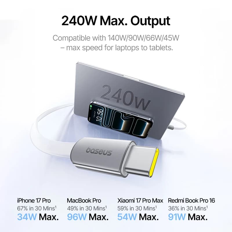 كابل Baseus 240W فائق النحافة من النوع C لهاتف iPhone 17 و16 و15 بلس برو ماكس 5A PD 3.0 كابل شحن سريع لهواتف سامسونج وشاومي - 4