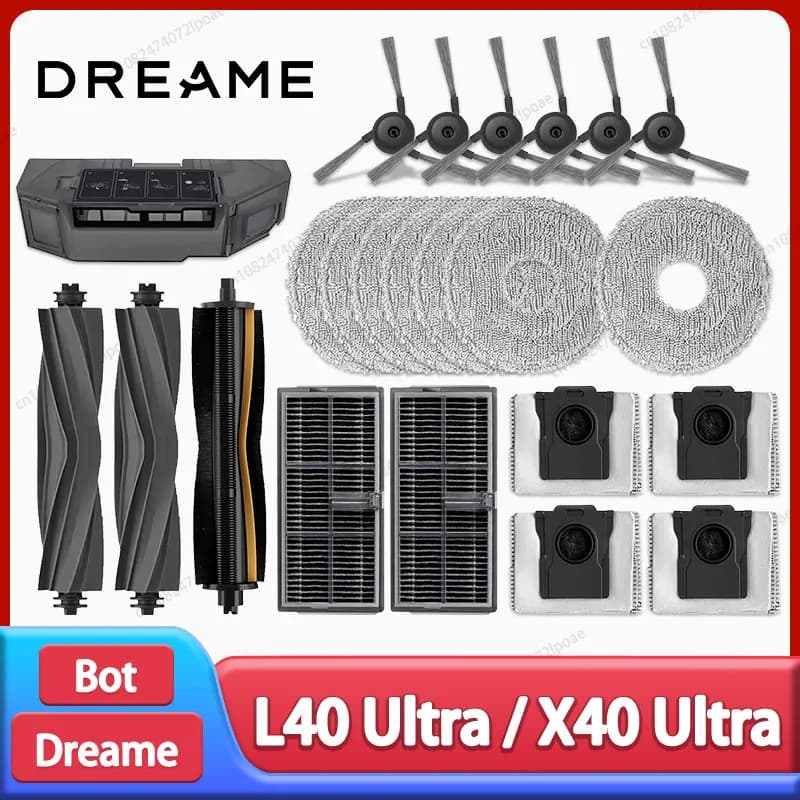 إكسسوارات استبدال لمكنسة دريم L40 ألترا / X40 ألترا الكهربائية: فرشاة جانبية رئيسية، فلتر HEPA، قطع قماش للممسحة، كيس غبار، قطع غيار
