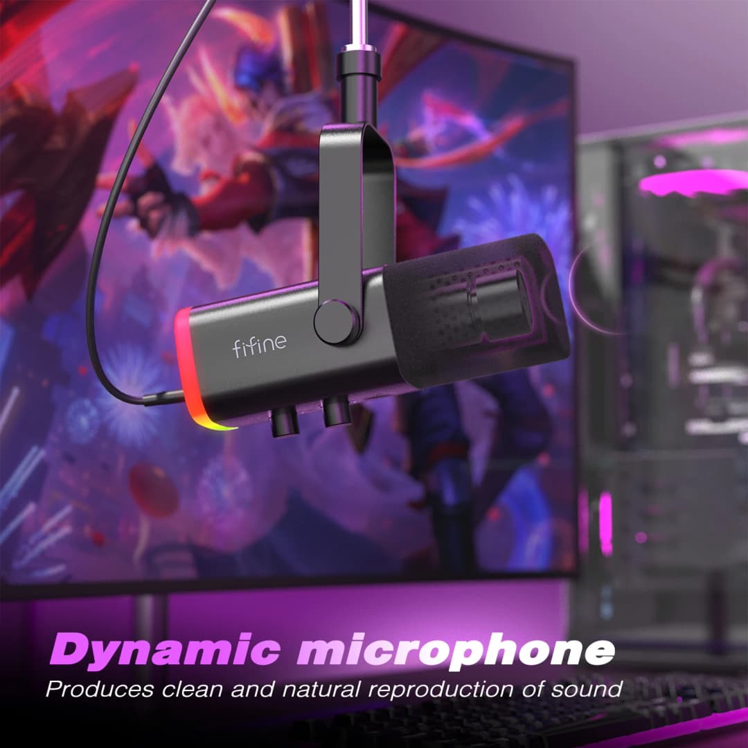 ميكروفون ديناميكي FIFINE USB/XLR مع زر كتم اللمس، مقبس سماعة الرأس، تحكم I/O، للكمبيوتر الشخصي ومزيج PS5/4، ميكروفون ألعاب Ampligame AM8 - 3