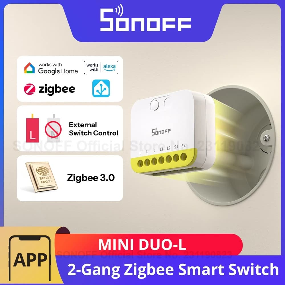 سونوف MINI DUO-L مفتاح ذكي مزدوج يعمل بتقنية زيجبي MINI-ZB2GS-L لا يتطلب سلك محايد تحكم خارجي مزدوج القناة أصغر