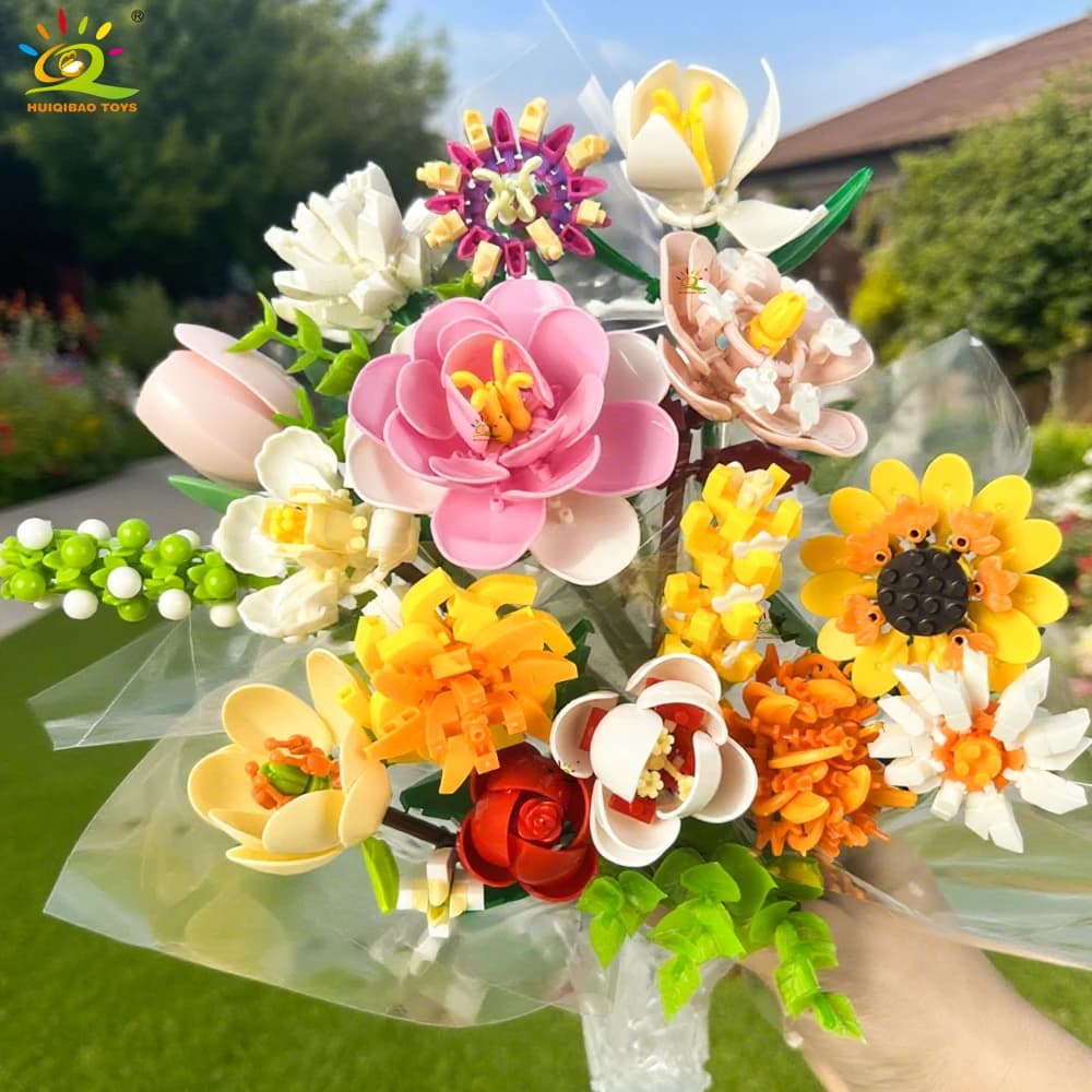 نموذج باقة زهور HUIQIBAO MOC مكعبات بناء صغيرة DIY وردة ديكور مكتبي منزلي هدية للبنات لعبة أطفال