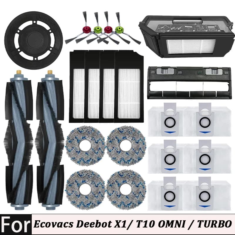 إكسسوارات Ecovacs Deebot X1/ T10 OMNI / TURBO، قطع غيار مكنسة كهربائية روبوتية، ممسحة، كيس غبار، مرشح Hepa، فرشاة جانبية رئيسية، سلة مهملات