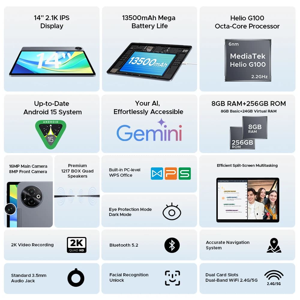 الإصدار العالمي جهاز لوحي DOOGEE Tab E3 Max بنظام أندرويد 15 مع ذكاء اصطناعي Gemini AI شاشة 14 بوصة 2.1K ذاكرة وصول عشوائي 8 جيجابايت سعة تخزين 256 جيجابايت بطارية كبيرة 13500 مللي أمبير - 2