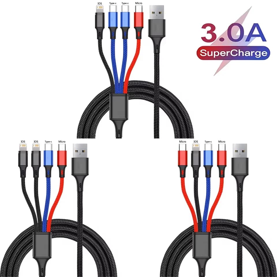 كابل USB 3 في 1 / 4 في 1 من النوع C USB Micro لهاتف آيفون وسامسونج وهواوي وشاومي متعدد المنافذ وسلك شحن متعدد