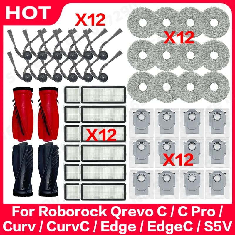 مجموعة فرشاة جانبية رئيسية، قطعة تنظيف، كيس غبار وفلتر متوافقة مع Roborock Qrevo C/C Pro/Curv/CurvC/Edge/EdgeC/S5V