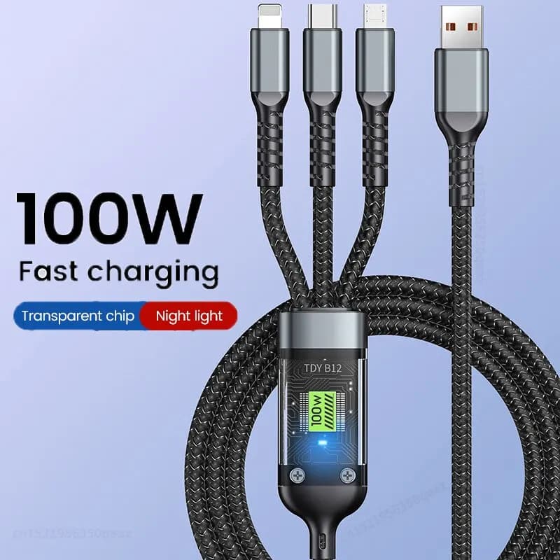 كابل شحن سريع شفاف 3 في 1 100 واط Type C USB Micro لهواوي أوبو فيفو سامسونج شاومي شاحن مصباح طيار USB C 6A