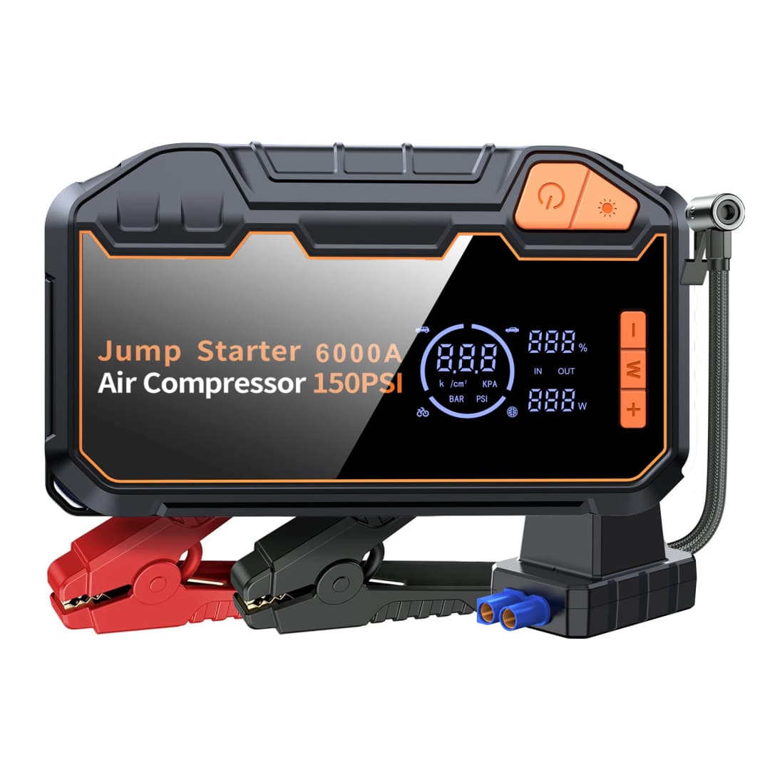 PAIVIROKU 6000A معزز بدء تشغيل بطارية السيارة ومنفاخ إطارات قابل للنفخ 150PSI مضخة هواء مع بنك طاقة لجهاز قفز السيارة، إضاءة LED
