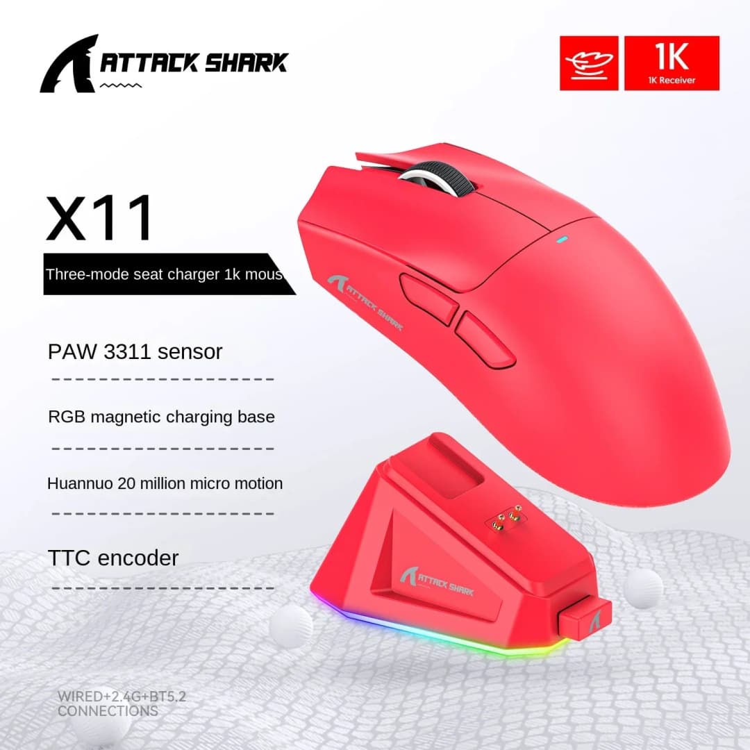 ماوس بلوتوث Attack Shark X11 PAW3311 أسود، اتصال ثلاثي الوضع، قاعدة شحن مغناطيسية باللمس، ماوس ألعاب فائق الخفة - 3