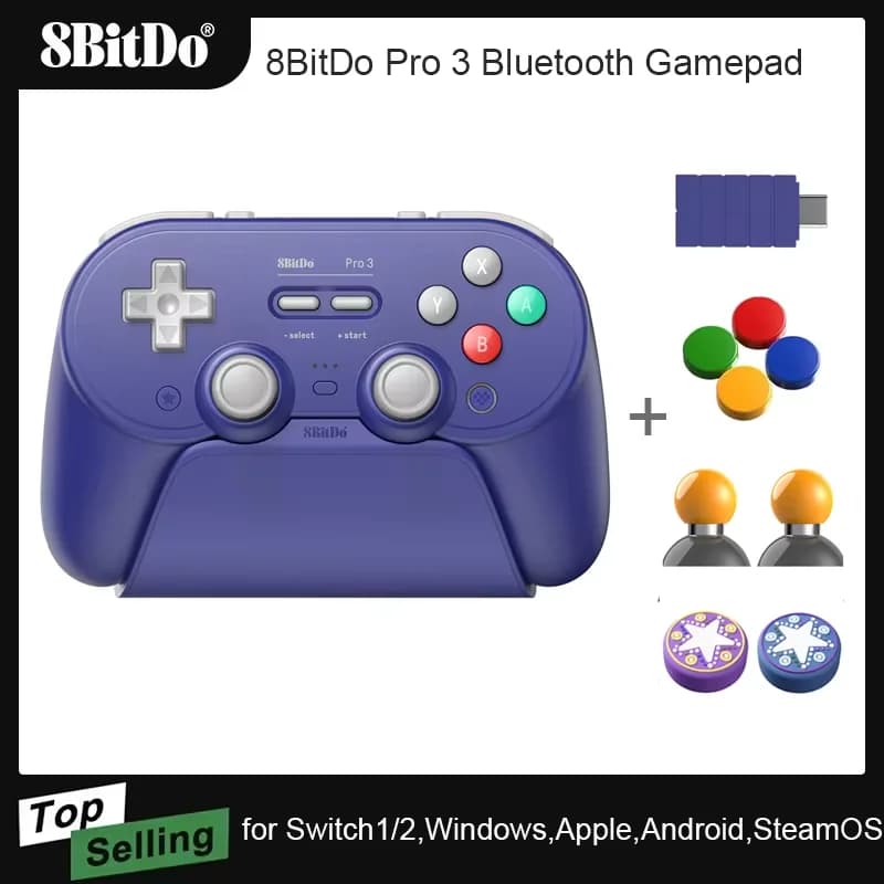 8BitDo Pro 3 يد تحكم ألعاب بلوتوث لاسلكية لسويتش 1/2، ويندوز، أبل، مع عصي تحكم TMR قابلة للتبديل