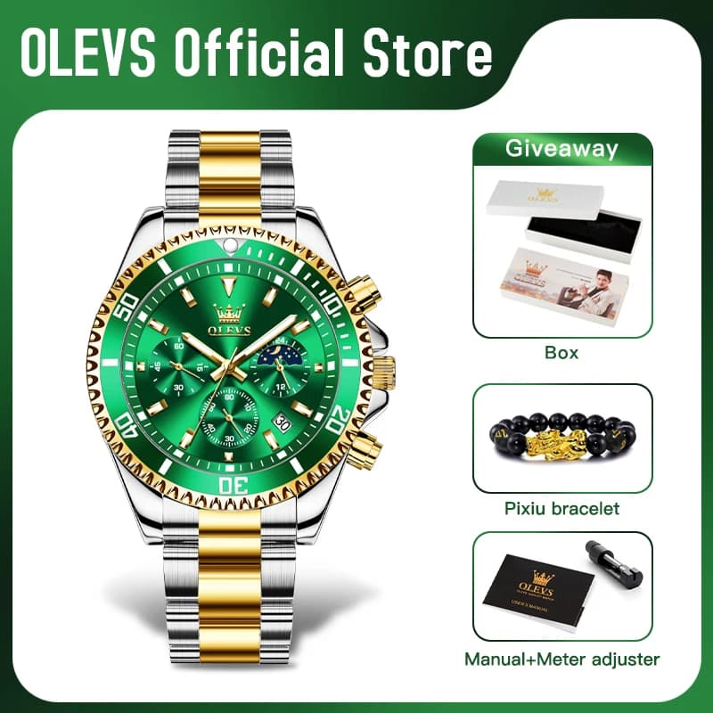 ساعات OLEVS رجالية ماركة فاخرة ساعة أصلية مقاومة للماء من الفولاذ المقاوم للصدأ كرونوغراف مرحلة القمر تاريخ ميناء دوار - 3