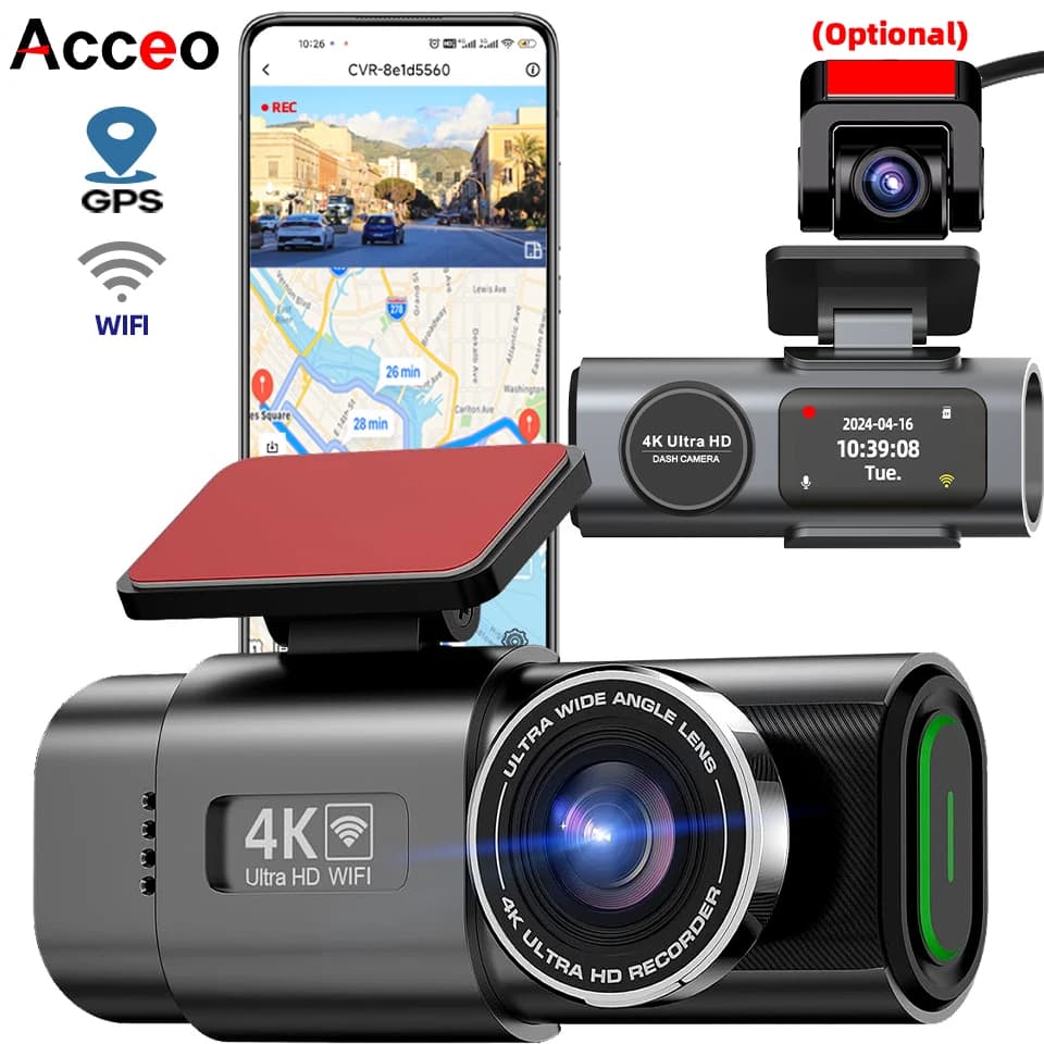 داش كام 4K UHD تسجيل كاميرا سيارة DVR للرؤية الليلية مسجل فيديو المدمج في واي فاي دعم GPS 24H وقوف السيارات