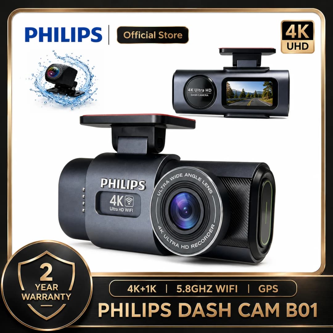 كاميرا سيارة PHILIPS Dash Cam B01 بدقة 4K+1K HDR مزدوجة أمامية وخلفية واي فاي 2.4GHz و5GHz GPS مراقبة الوقوف 24 ساعة مسجل فيديو