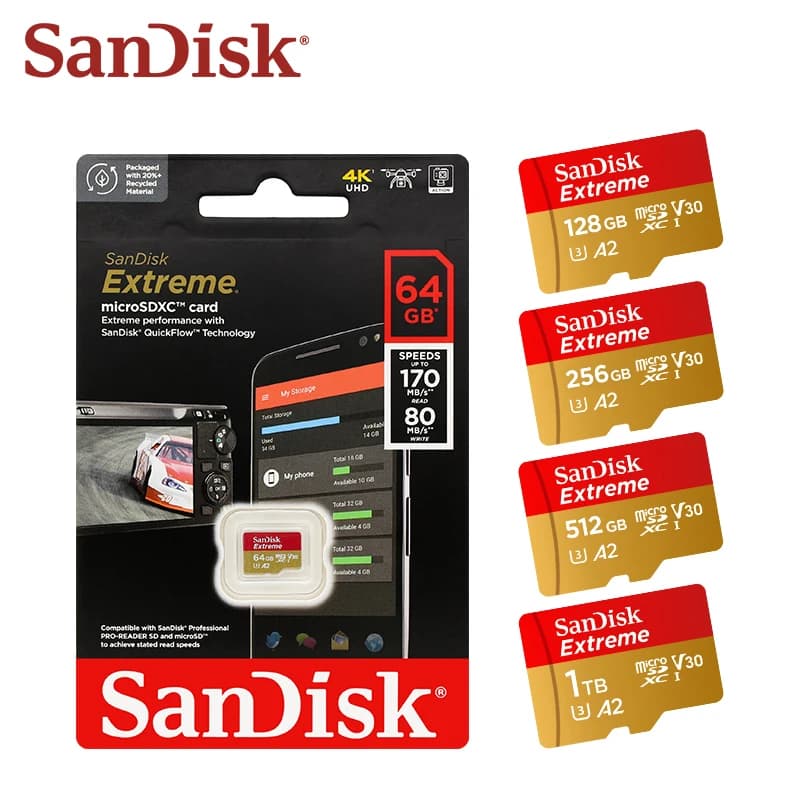 SanDisk Extreme A2 V30 4K MicroSD Memory Card for Drones Phone Dash Cam Max190Mb/s microSDXC Flash TF Card 32GB 64GB 128GB 256GB - 3