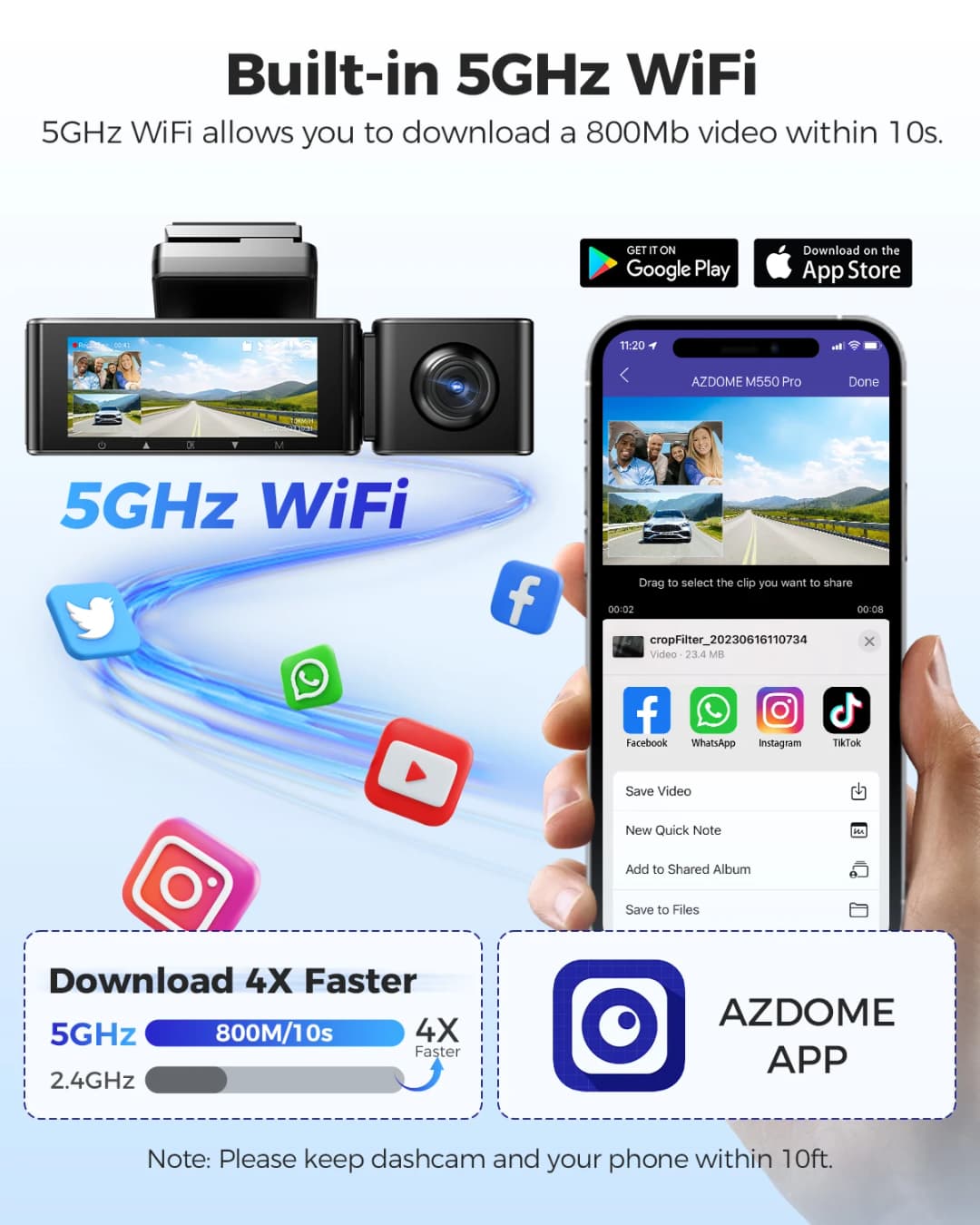 كاميرا سيارة AZDOME M550 برو 5.8 جيجاهرتز واي فاي 3 قنوات مدمجة GPS كاميرا سيارة بدقة 4K مستشعر G رؤية ليلية وضع انتظار 24 ساعة - 5