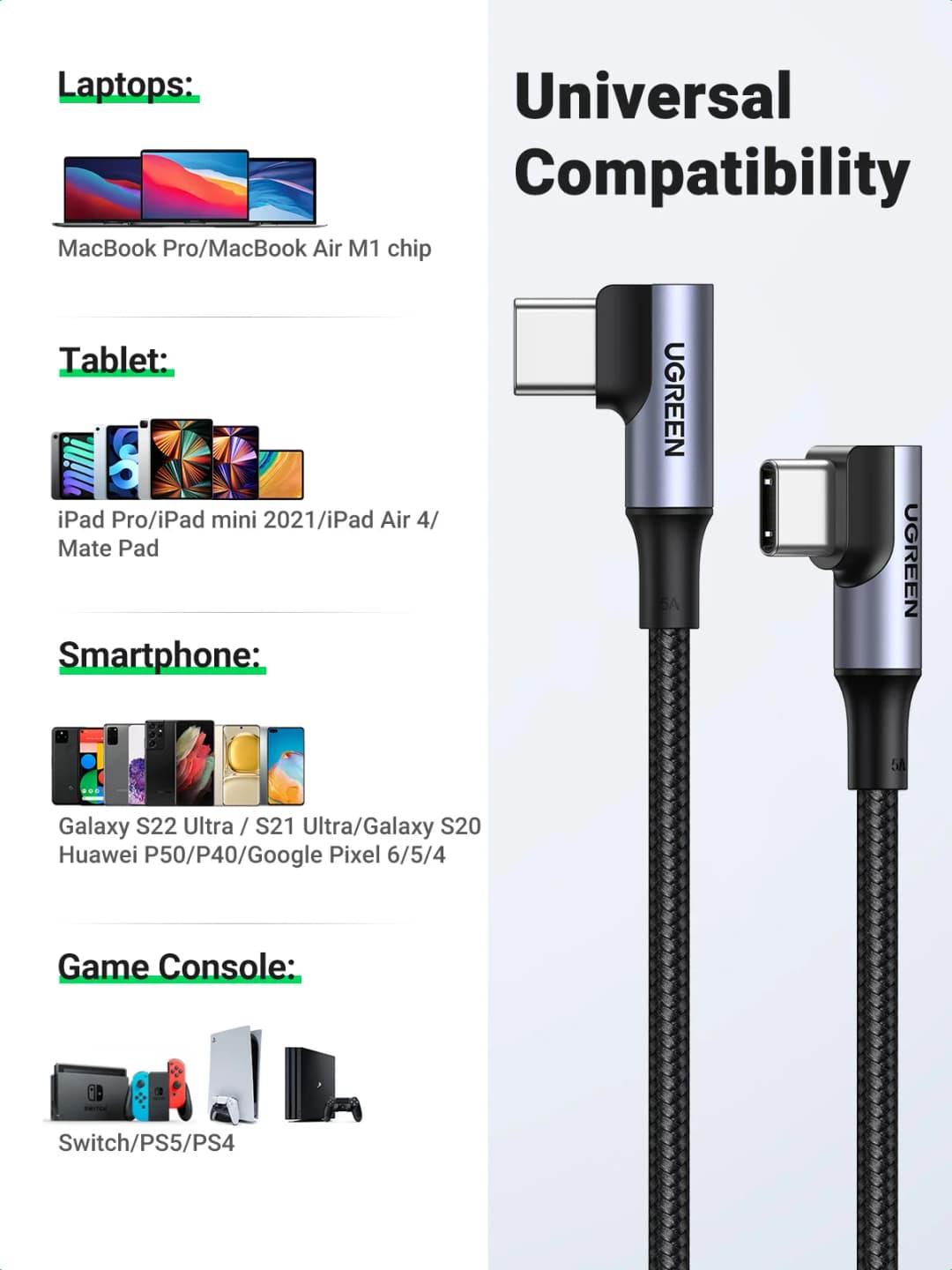 UGREEN 90 Degree USB-C Cable PD100W/60W Type-C Gaming Right Angle Charging Cable 5A/3A for iPhone 17/16 Samsung MacBook 0.5-3M - 4