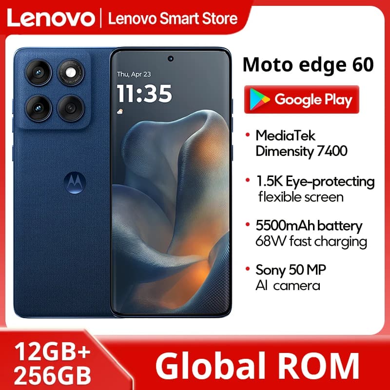 هاتف Motorola MOTO edge 60 الذكي 5G بذاكرة عالمية أصلية 6.7 بوصة وشاشة pOLED بدقة 1.5K ومعدل تحديث 120 هرتز وشريحة MediaTek Dimensity 7400 ومعيار IP68