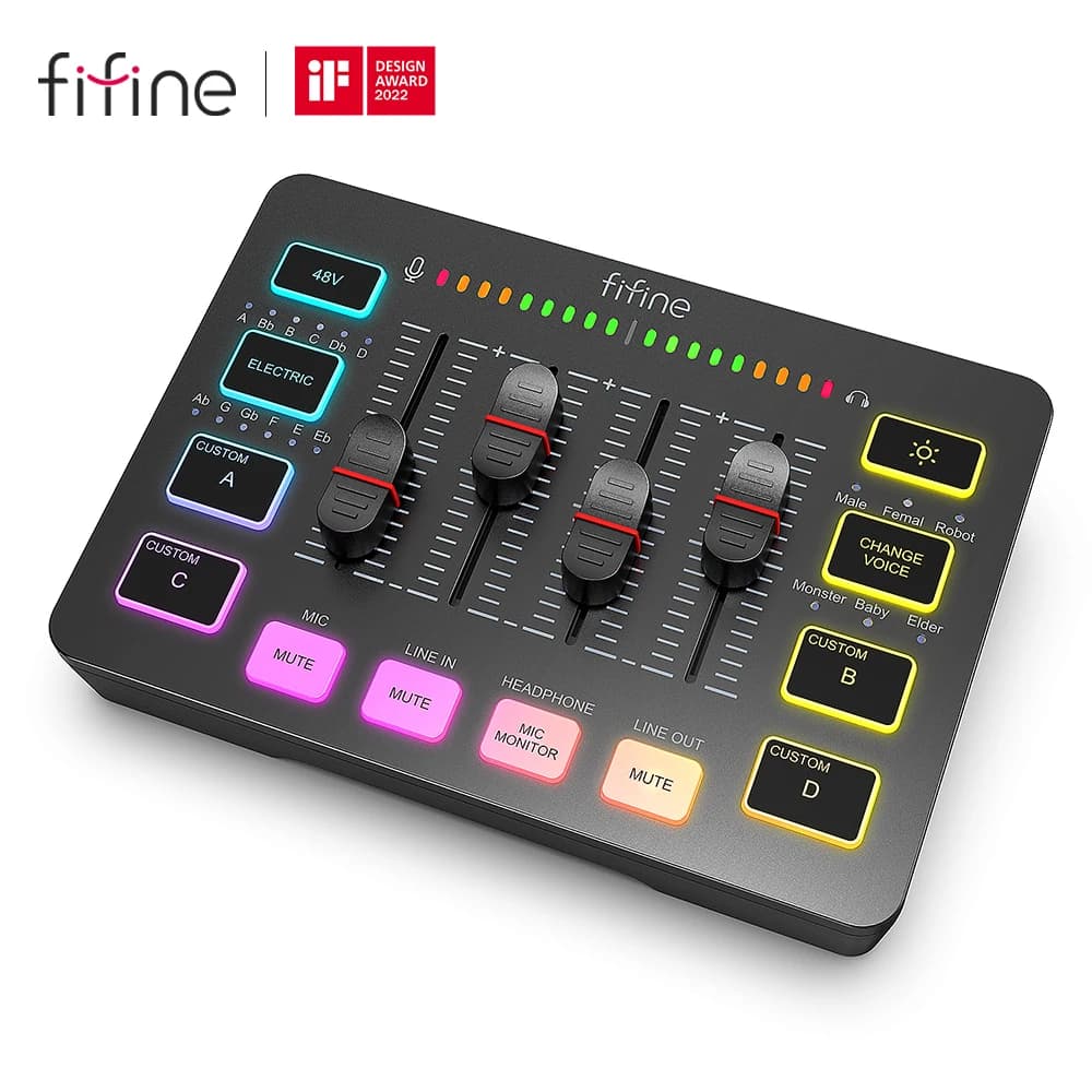 خلاط صوتي للألعاب FIFINE، خلاط بث 4 قنوات RGB مع واجهة ميكروفون XLR، للصوت في الألعاب، البودكاست، AmpliGame SC3