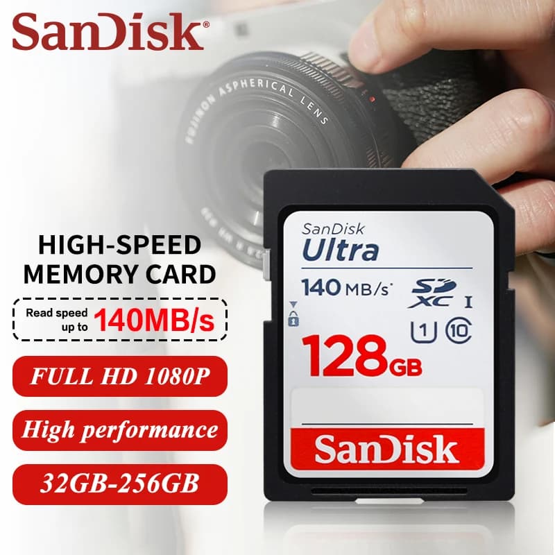 بطاقة SanDisk Ultra SDXC UHS-I سعة 64 جيجابايت 128 جيجابايت 256 جيجابايت 512 جيجابايت بطاقة ذاكرة SDHC سعة 32 جيجابايت للكاميرا بسرعة قصوى 140 ميجابايت/ثانية بطاقة SD أصلية بطاقة فيديو HD - 2