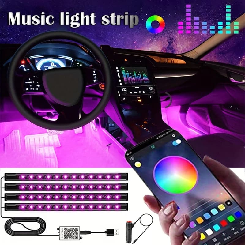شريط إضاءة LED للسيارة مع 48 LED USB وتحكم عبر تطبيق بلوتوث مقاوم للماء متعدد الألوان RGB لإضاءة جو داخلي للسيارة
