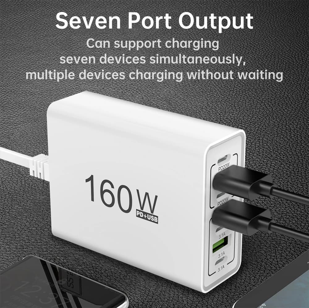 شاحن USB 160W 7 منافذ محطة شحن سريع متعددة الأجهزة PD QC3.0 كابل مدمج لهواتف آيفون سامسونج شاومي آيباد قابس EU US - 2
