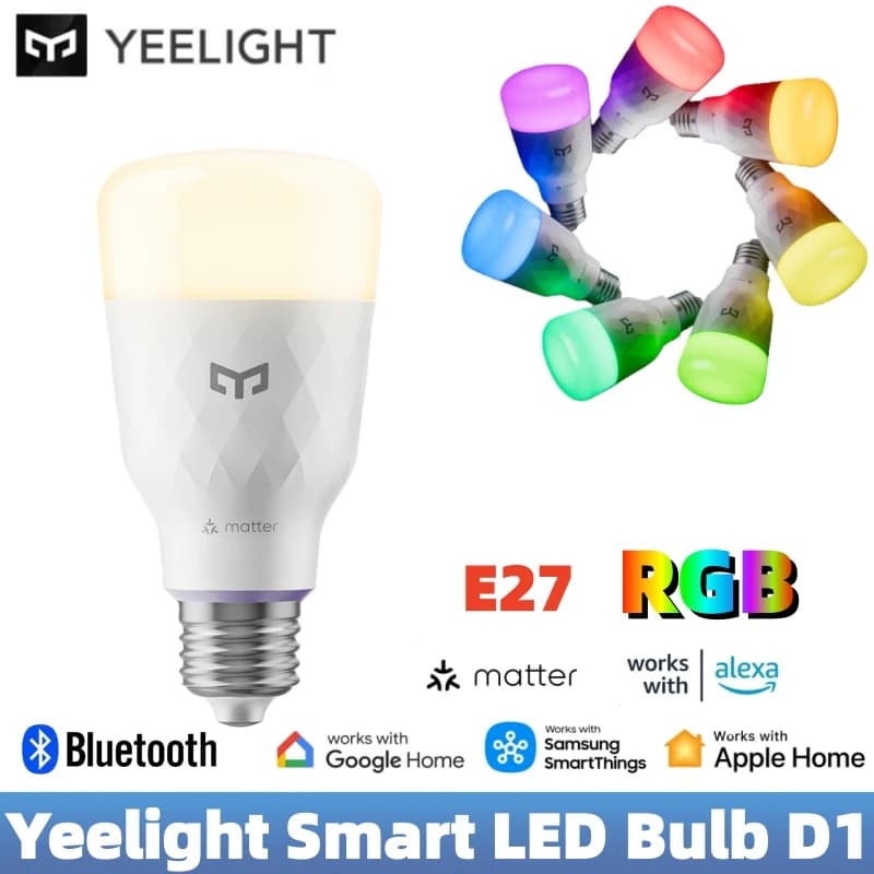 لمبة ذكية يي لايت LED D1، لون RGB، قاعدة E27، اتصال بلوتوث، قابلة للتعتيم، 2700-6500 كلفن، 1300 لومن، تحكم صوتي ذكي، متوافقة مع تطبيق أبل هوم