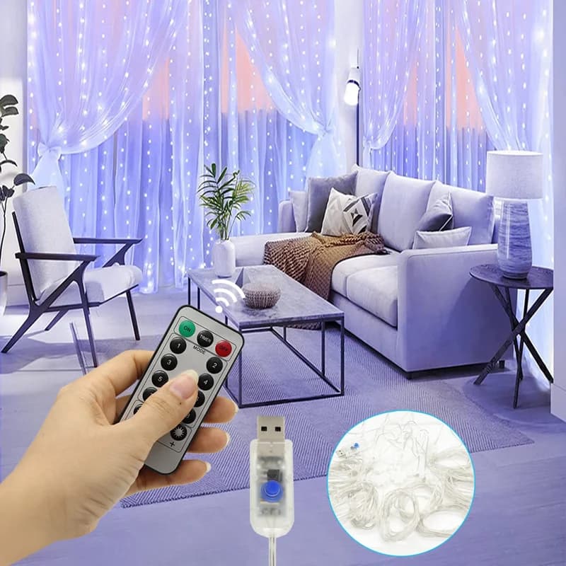 ستائر LED بطول 3/9 متر مع 8 أوضاع، تحكم عن بعد، إضاءة سلسلة للزفاف والعطلات، ديكور لغرف النوم والمعيشة - 3