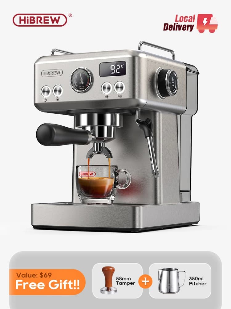 HiBREW 20Bar آلة قهوة إسبريسو شبه تلقائية درجة حرارة قابلة للتعديل 58mm بورتافيلتر صانع قهوة باردة/ساخنة علبة معدنية H10A