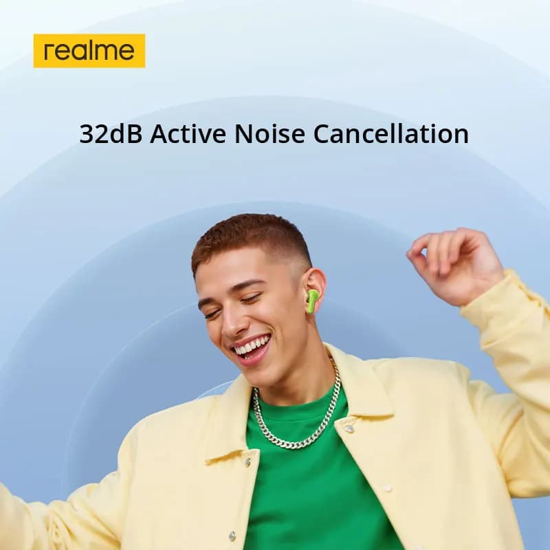 سماعات realme Buds T200 TWS، إلغاء ضوضاء نشط 32dB، مشغل باس ديناميكي 12.4 ملم، بلوتوث 5.4، مقاومة للماء IP55، شهادة Hi-Res - 4