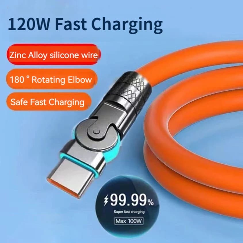 كابل شحن سريع جداً 120 واط 6 أمبير Type C سيليكون مرفق دوار 180 درجة TYPE-C-C بطول 1 متر و2 متر كابل USB C إلى C - 2