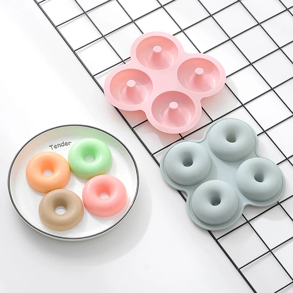 قالب دونات من السيليكون 4 فتحات صينية خبز غير لاصقة أدوات تزيين كعك شوكولاتة وحلويات DIY Bagels Muffins Donuts - 5