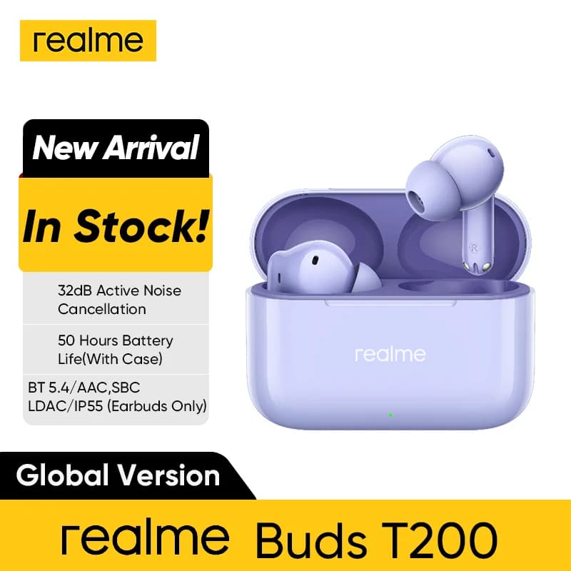 سماعات الرأس الجديدة Realme Buds T200، تقليل الضوضاء النشط 32dB، إلغاء الضوضاء للمكالمات بتقنية الذكاء الاصطناعي، عمر بطارية يصل إلى 50 ساعة، سماعات أذن لاسلكية TWS