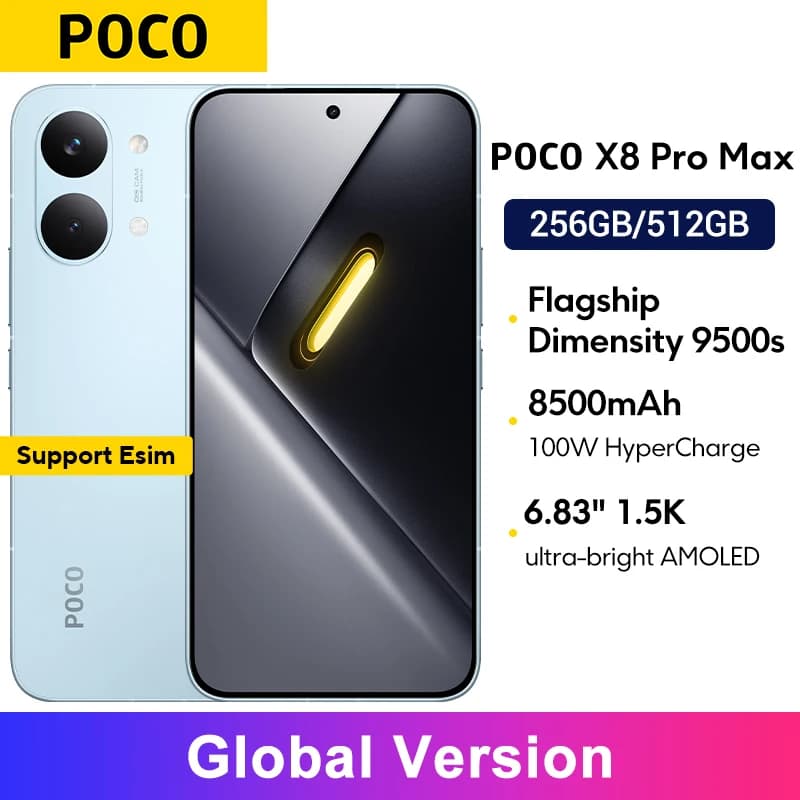هاتف ذكي POCO X8 PRO MAX بشاشة 6.83 بوصة برتقالية، بطارية 8500 مللي أمبير، معالج Dimensity 9500s، شاشة AMOLED فائقة السطوع بدقة 1.5K ومعدل تحديث 120 هرتز، إصدار عالمي