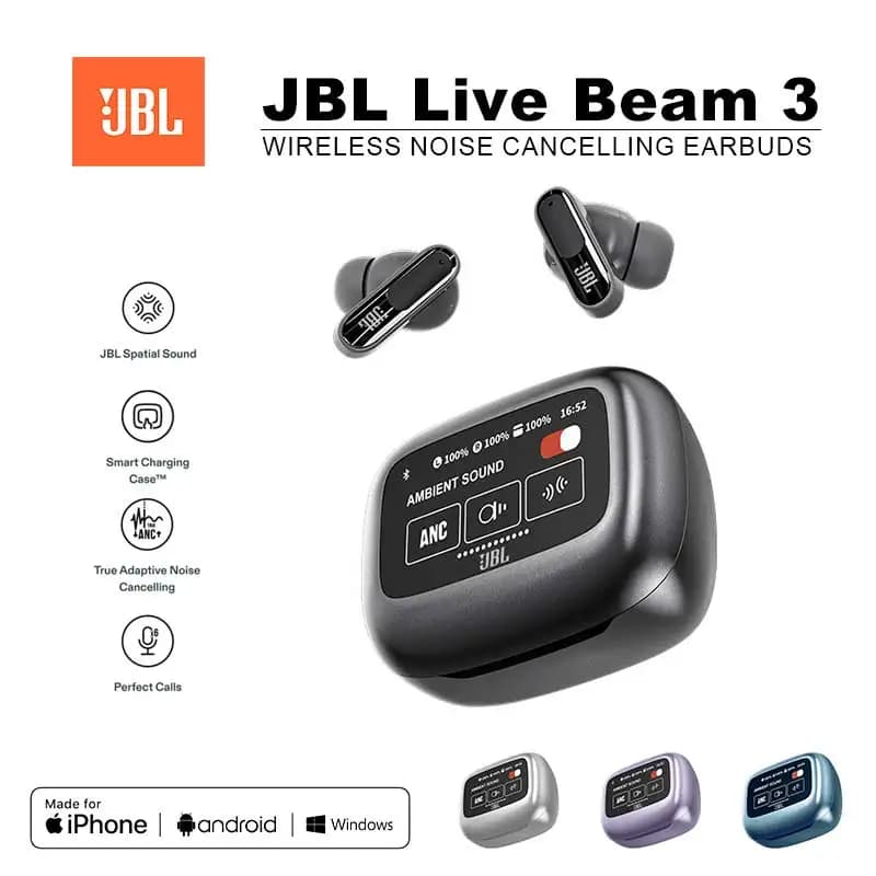 سماعات الأذن اللاسلكية الأصلية JBL Live Beam 3 بتقنية البلوتوث مع صندوق عرض ذكي LED وسماعات رأس مع إلغاء الضوضاء Beam3