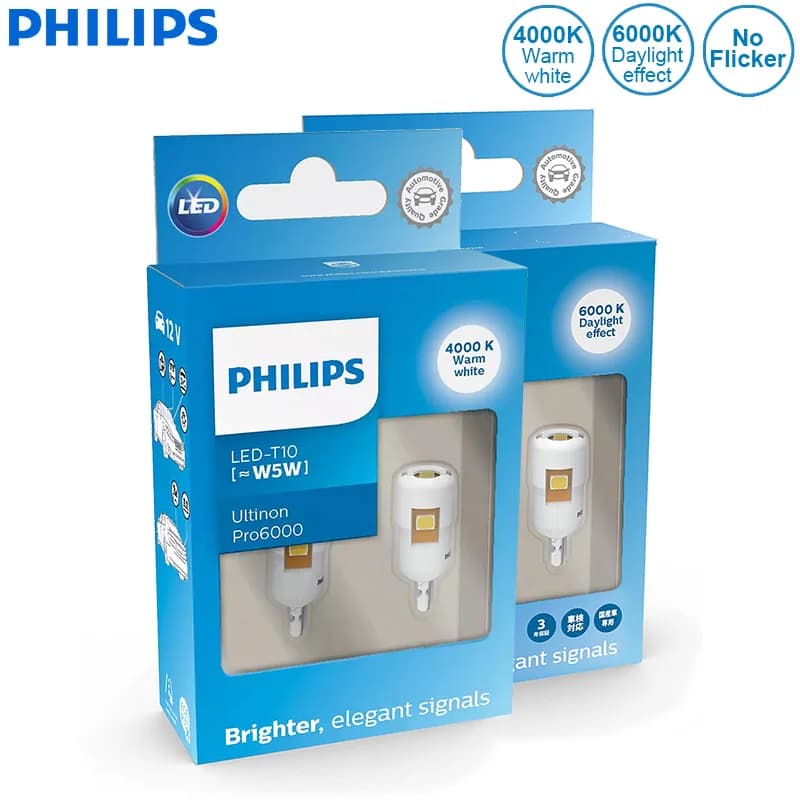 مصابيح داخلية للسيارة Philips LED T10 W5W Ultinon Pro6000، 4000K و6000K، بيضاء ساطعة، إشارة دوران بدون وميض أو أخطاء، زوج
