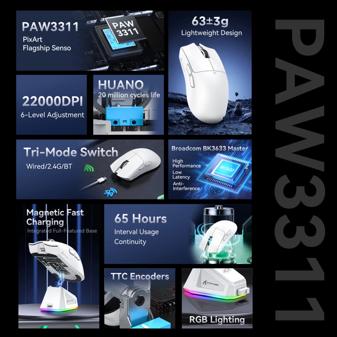 ماوس لاسلكي Attack Shark X11، اتصال بوضع ثلاثي، PixArt PAW3311، قاعدة شحن مغناطيسية باللمس، ماوس ألعاب ماكرو - 2