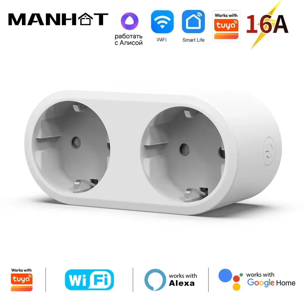مقبس ذكي من Tuya WIFI بقابس كهربائي مزدوج 2 في 1 قياسي أوروبي 16A 240V محول طاقة للسفر محول تحويل